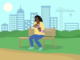 Breastfeeding in public. African american woman feeds baby in park on bench. Vector flat concept illustration. the Silhouette of city in background