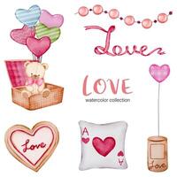 conjunto de gran aislado elemento de concepto de San Valentín acuarela corazones rojos y rosados románticos encantadores para la decoración, ilustración vectorial. vector