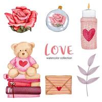 conjunto de gran aislado elemento de concepto de San Valentín acuarela corazones rojos y rosados románticos encantadores para la decoración, ilustración vectorial. vector