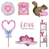 conjunto de gran aislado elemento de concepto de San Valentín acuarela corazones rojos y rosados románticos encantadores para la decoración, ilustración vectorial. vector