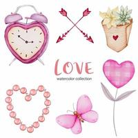 conjunto de gran aislado elemento de concepto de San Valentín acuarela corazones rojos y rosados románticos encantadores para la decoración, ilustración vectorial. vector