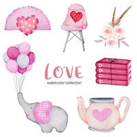 conjunto de gran aislado elemento de concepto de San Valentín acuarela corazones rojos y rosados románticos encantadores para la decoración, ilustración vectorial. vector