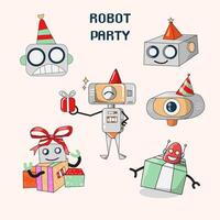 gran paquete de elementos vectoriales aislados para la decoración y calibración de fiestas de robots, ilustración de icono de vector plano colorido