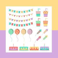 gran paquete de elementos vectoriales aislados para la decoración y calibración de la fiesta de cumpleaños, ilustración de icono de vector plano colorido