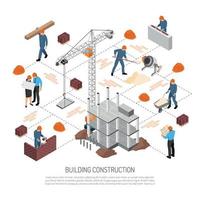 Ilustración de vector de diagrama de flujo de construcción de edificio isométrico