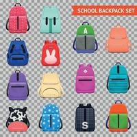 School Backpacks Transparent Collection Vector Illustration