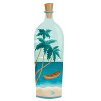 A paradise in a bottle. Summer in a bottle. The sea, palm trees and sand. The concept of summer holidays and travel. Vector illustration
