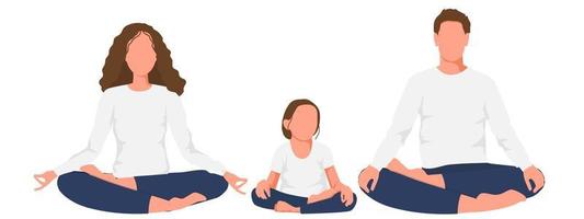 Mother, father, and daughter sitting in lotus pose isolated on the white background. Vector illustration