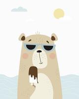 lindo oso con gafas de sol comiendo helado en el mar. ilustración vectorial. Póster infantil con lindos animales para decoración. vector