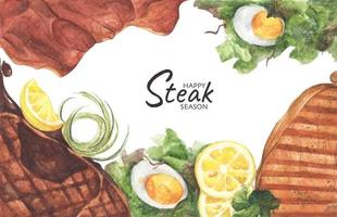 Grilled beef steaks and salad with boiled eggs, Top view with copy space for your text. Flat lay. Watercolor illustration. vector