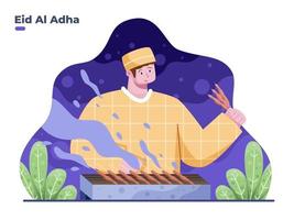 People cooking sate indonesian tradtional food while eid al adha vector flat illustration. Eid al adha traditional food. can be used for greeting card, banner, poster, web, invitation, postcard, etc.