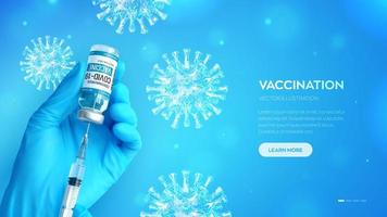 Vacuna contra el coronavirus covid-19. concepto de vacunación. La mano del médico en guantes azules sostiene la botella y la jeringa del frasco de la vacuna de la medicina. vista microscópica de las células del virus. vector