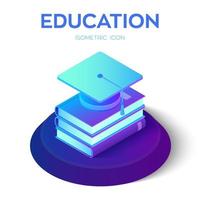 Graduation cap and books. 3D isometric Student hat with books icon. E-learning concept. Innovative online education. Distance graduate certificate program. Academic study. vector