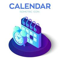 calendario con el icono de reloj de alarma. Calendario isométrico 3d con señal de reloj de alarma. creado para móvil, web, decoración, productos impresos, aplicación. perfecto para diseño web, banner y presentación. vector