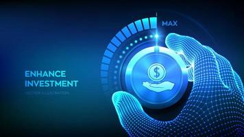 Investing and finance growth business concept. Strategy and return on investment. Wireframe hand setting invest knob button on highest position. Increasing profit income strategy. vector