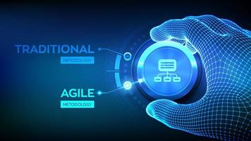 Agile software development methodology concept. Wireframe hand turning a knob and selecting Agile mode. Digital technology, big data concept. Flexible developing process. vector