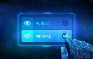 Public or Private choice concept. Making decision. Public-private partnership. Data management. Wireframe hand on virtual touch screen ticking the check mark on private button. vector