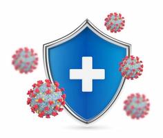 Virus protection. Shield with cross and virus cells. Protect from virus. Microbiology and medicine. Antibiotic, vaccination against coronavirus. Covid-19 safety concept. vector