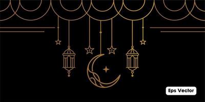 simple ramadan Kareem arabic caligraphy vector , Eid Mubarak Greeting Line icon minimal and simple vector design with mosque Glowing Lantern and hanging crescent moon star for background and Banner