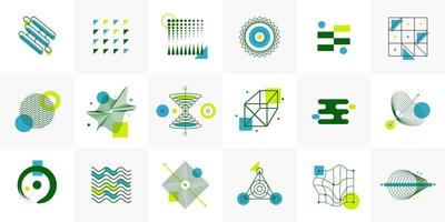 Formas de icono de vector geométrico de semitono de tendencia universal con composición de elementos de colores brillantes. elementos de diseño para revista, folleto, cartelera, venta