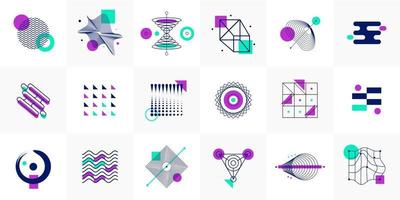 Formas de icono de vector geométrico de semitono de tendencia universal con composición de elementos de colores brillantes. elementos de diseño para revista, folleto, cartelera, venta