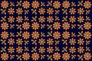 flowers and bees pattern, seamless floral pattern with flying bees, yellow orange flowers on blue background, textile pattern, vintage, retro style, vector