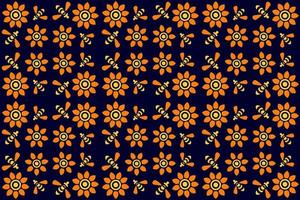 flowers and bees pattern, seamless floral pattern with flying bees, yellow orange flowers on blue background, textile pattern, vintage, retro style, vector