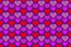 patrón de corazones. Corazones de color rosa y rojo sin fisuras patrón textil. Corazones de diferentes estilos sobre fondo morado. vector