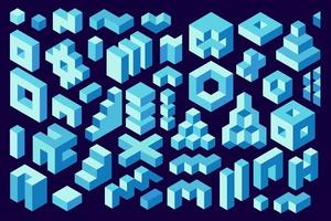 3D rendering. Isometric shapes, design elements. Set of isometric simple constructions. Decorative vector design elements