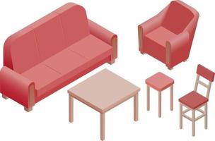 couch isometric illustration. Red vector couch, sofa, armchair, chairs and table isolated on white background. Living room vector furniture.