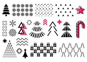 Christmas design element set. Collection of vector decorative simple illustrations isolated on white background. Black and pink colors. Abstract stylized graphic design.