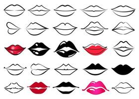 colección de labios vectoriales. conjunto de logotipo de labios, símbolo, signo aislado sobre fondo blanco. Ilustración de contorno negro, arte lineal. formas de diseño plano, elementos. vector