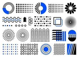 elementos de diseño vectorial, formas geométricas abstractas. conjunto de elementos de memphis negros y azules. colección de formas de diseño de revestimiento. medios círculos, ondas cuadradas, patrones de superposición de medios tonos. aislado en Pentecostés vector