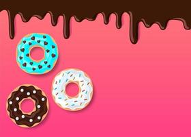 Vector donut illustration,melting chocolate on pink background, copy space illustration for your text, assortment doughnut with shadow on pink orange backdrop