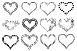 Heart frames. Collection of black outline ornate heart frames isolated on white background. Abstract shapes and patterns. vector