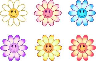 conjunto de flores de colores. colección de manzanillas sonrientes en diferentes colores y degradados. sonrisa flores aisladas sobre fondo blanco. vector