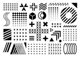 Vector black flat memphis geometric design elements collection.Set of different details for graphic layout designing. Isolated on white background