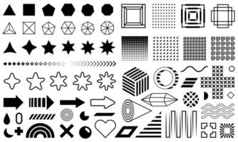 Vector set of geometric black design elements. Memphis collection. Flat shapes. Memphis patterns, dots, waves, zigzags, arrows, flowers isolated on white background.