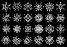 Vector set of snowflakes. Collection of white snow flakes isolated on black background, Winter isolated decorative design elements for Christmas and New Year design.