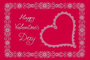 Happy Valentine's Day. White ornate heart frame on red background. Floral border frame. vector