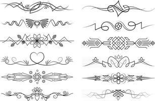 Set of text delimiters for your projects. Vector flourish linear illustrations with curls and flowers. Text dividers set. Calligraphic ornament set. Vintage decorations.