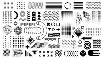 vector conjunto de memphis. formas geométricas, elementos de diseño. diseño de formas planas en negro. zigzags, ondas, círculos, puntos. para superposición de diseño de portada, tarjeta de actividad, folleto, pancarta, volante