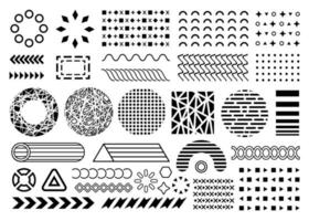 Vector shapes memphis design elements. Collection of black flat memphis elements. Overlay shape collection. Texture circles, arrows patterns isolated on white background