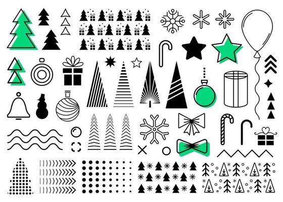 Vector Christmas design elements set. Collection of Christmas memphis black abstract flat shapes. Decorative layout collection for your New year design as flyers, banners, brochures, covers, postcards