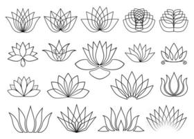 Vector lotus illustration collection. Set of black outline lotus flowers. For spa, beauty salon logo, sign. Floral set line art isolated on white background.