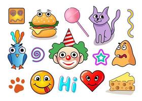 set of funny stickers, vector collection of colored characters, clown, heart, smiling face, cat, bird for your design and social media isolated on white background