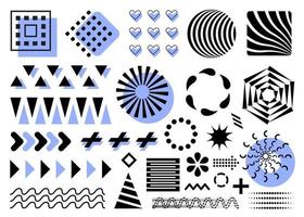 vector design elements, memphis geometric shapes. Lines, zigzag, circles, hearts in black and blue. Isolated on white background