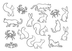 Vector animal set. Collection of black outline animals, pets isolated on white background. Coloring silhouette bunny, cat, squirrel, crab