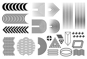 Vector Memphis set, black 90's Memphis collection, isolated design elements, half circles row, linear gradient, wave circle, zigzags, triangles