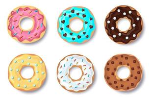 Donut vector set, collection of colorful doughnut cakes, with caramel and chocolate topping and colorful candy, isolated on white background with shadow